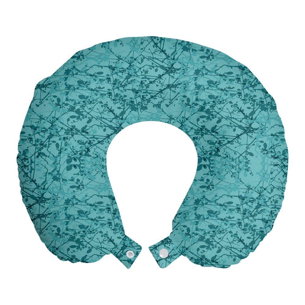 Ambesonne Teal Travel Pillow Neck Rest, Ink Drawing Inspired Intertwined Tree Branches Buds and Leaves in Abstract Design, Memory Foam Traveling Accessory for Airplane and Car, 12", Turquoise Teal