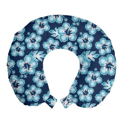 Ambesonne Aloha Travel Pillow Neck Rest, Hibiscus Hawaiian Tropical Island Flowers Petals and Buds Leaves Art Print, Memory Foam Traveling Accessory for Airplane and Car, 12", Dark Blue Sky Blue