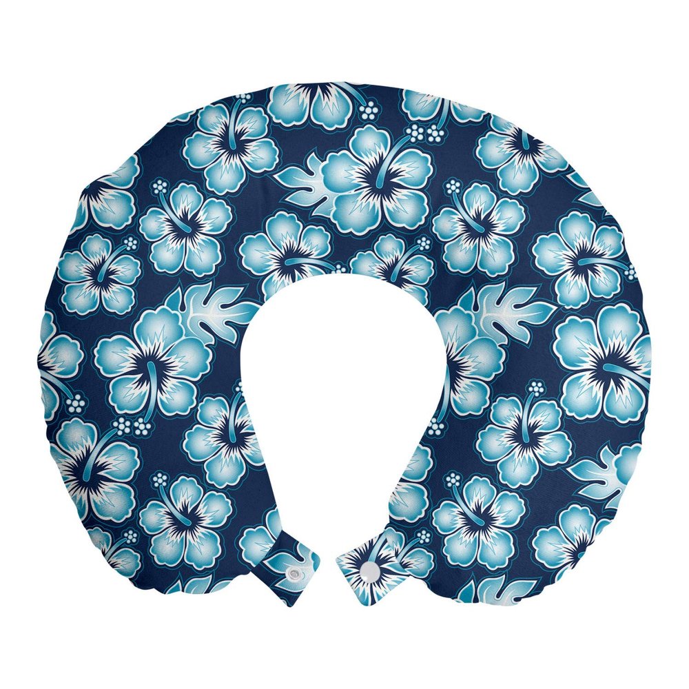 Ambesonne Aloha Travel Pillow Neck Rest, Hibiscus Hawaiian Tropical Island Flowers Petals and Buds Leaves Art Print, Memory Foam Traveling Accessory for Airplane and Car, 12", Dark Blue Sky Blue