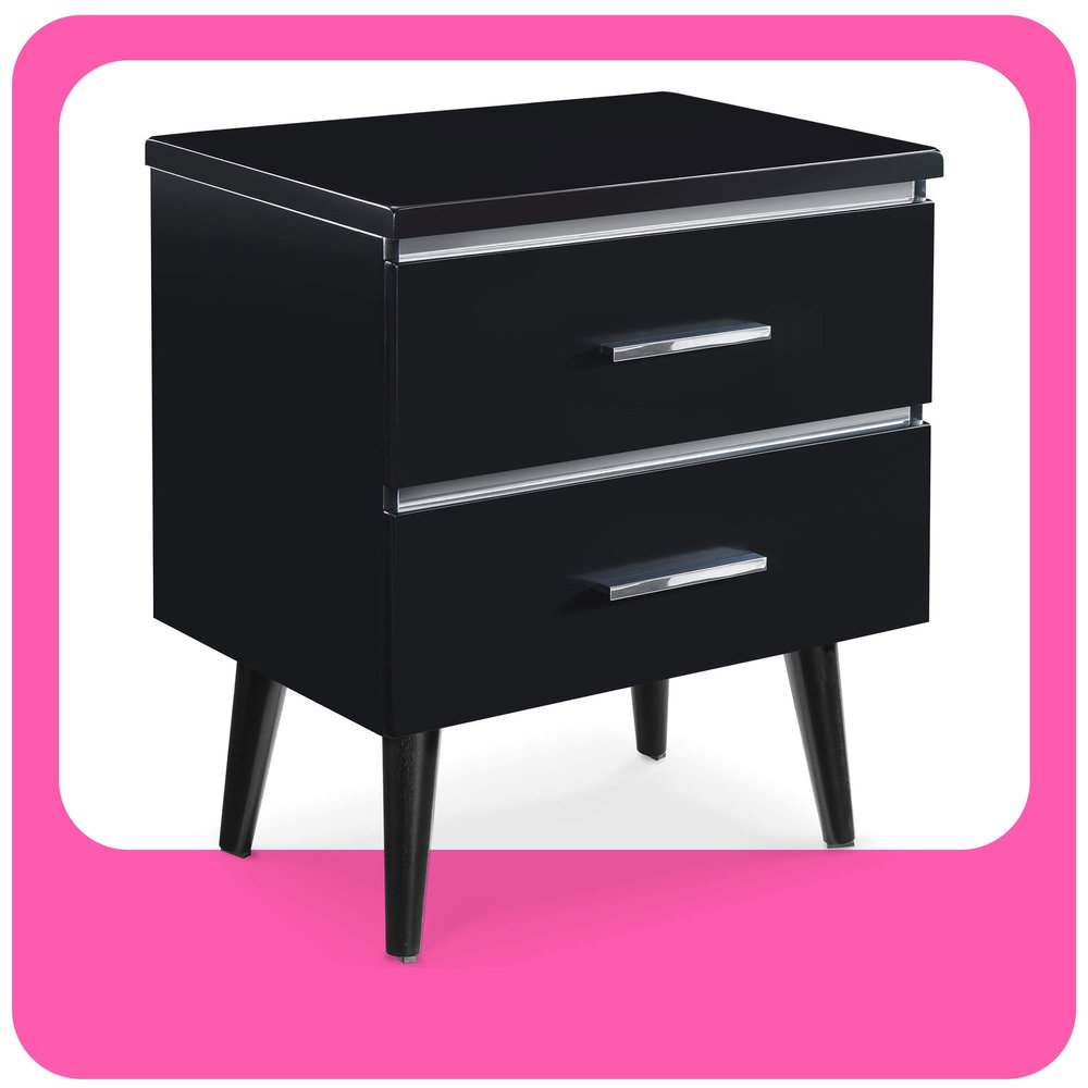 Adore Dcor Lennox Mid-Century Side Table 2 Drawers Storage Nightstand, Matte Chrome Handle, Black