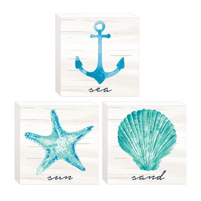 Amscan Sea, Sand, Sun Mini Block Signs, 3.5 x 1.75-3 Count - Vibrant, Beach-Themed Wooden Decor Accents, Perfect for Home or Office Decor