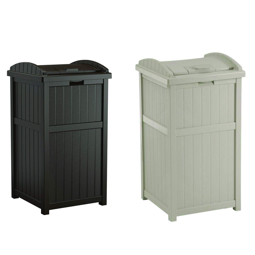 Suncast 2 Pack 33 Gallon Durable Plastic Hideaway Outdoor Garbage Can with Secure Lid and Wicker Design for Home Backyards, 1 Java Brown and 1 Taupe