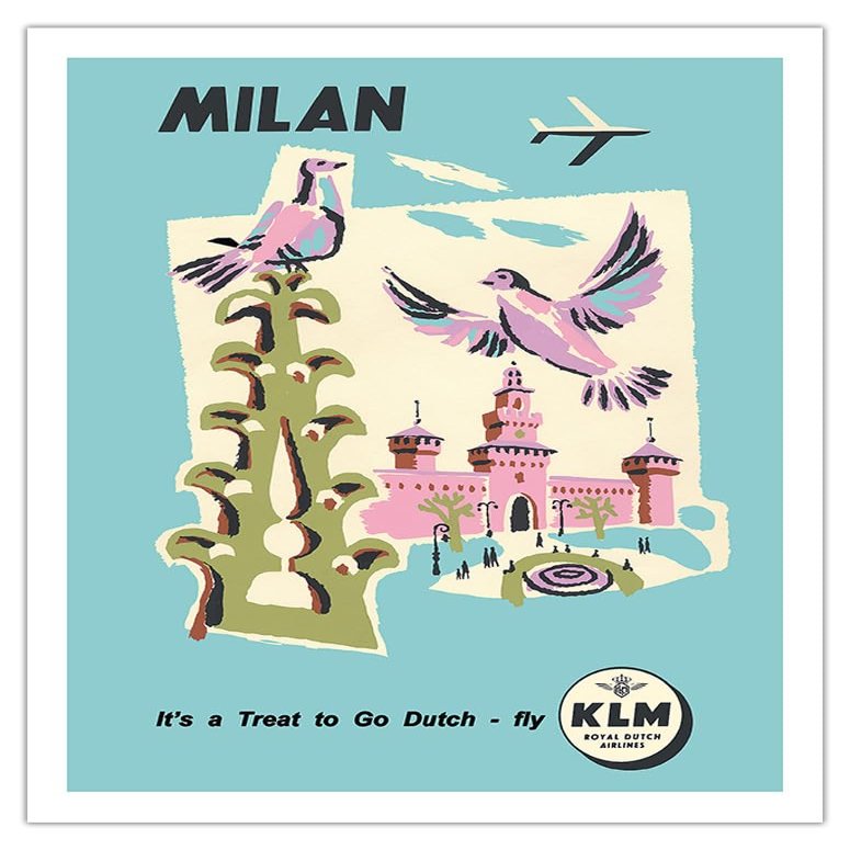 Milan Italy - Sforzesco Castle - KLM Royal Dutch Airlines - Vintage Airline Travel Poster c.1959 - Fine Art Matte Paper Print (Unframed) 20x26in