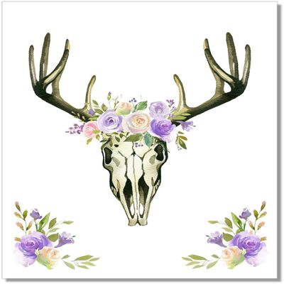 Deer Skull Floral Watercolor Art Print - Boho Wall Decor - 11x14 - Unframed - Purple Flowers