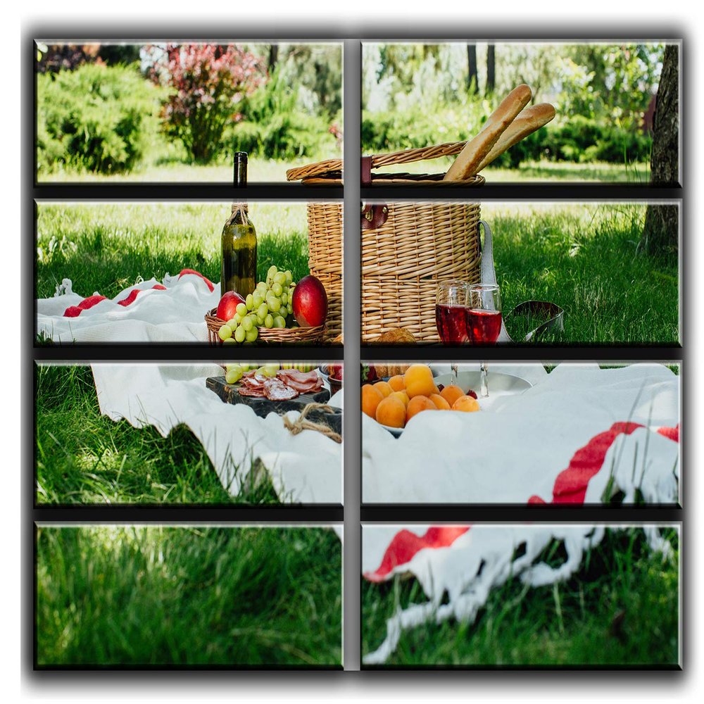 8 Huge Piece Picnic in The Park Wall Art Decor Picture Painting Poster Print on Canvas Panels Pieces - Food and Wine Theme Wall Decoration Set - Weekend Wall Picture for Living Room 70 by 100 in