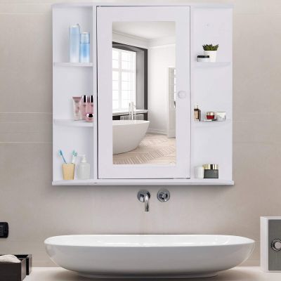 Over-The-Sink Bathroom Storage Organizer Cabinet with Mirrored Door and Multiple Shelves White Modern Contemporary Glass Wood Glossy Includes Hardware Mirror Included