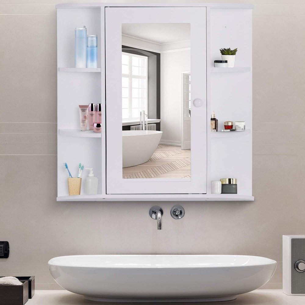 Over-The-Sink Bathroom Storage Organizer Cabinet with Mirrored Door and Multiple Shelves White Modern Contemporary Glass Wood Glossy Includes Hardware Mirror Included