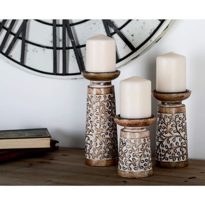 3-Piece Rustic Mango Wood Flourish-Patterned Candle Holder Set Brown Bohemian Eclectic