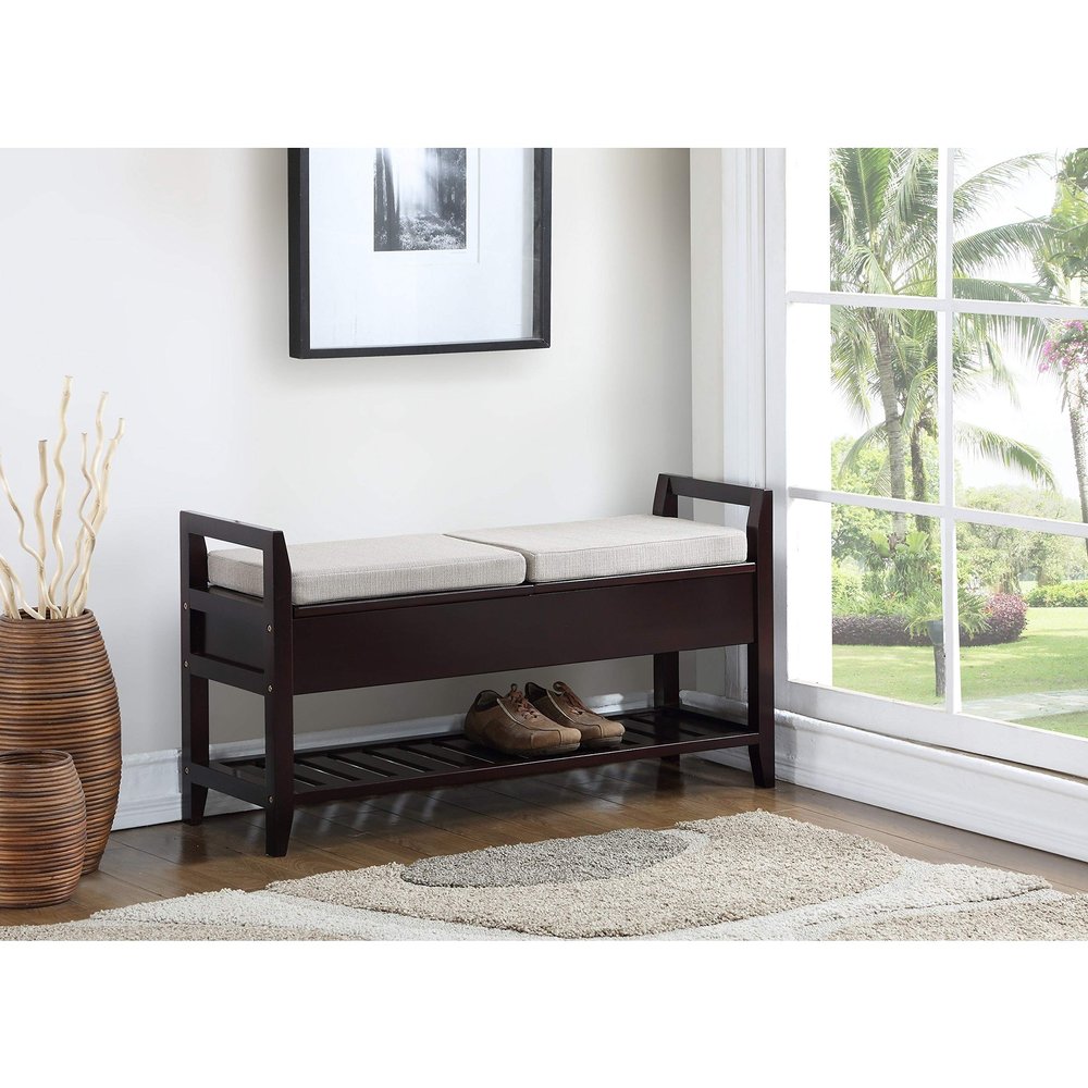 Espresso Storage Shoe Bench Brown Modern Contemporary Solid Fabric Wood Distressed