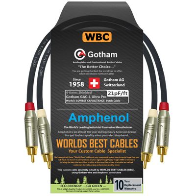 0.5 Foot RCA Cable Pair - Gotham GAC-1 Ultra Pro - Low-Cap (21pF/ft) Audio Interconnect Cable with Amphenol ACPR Die-Cast, Gold Plated RCA Connectors