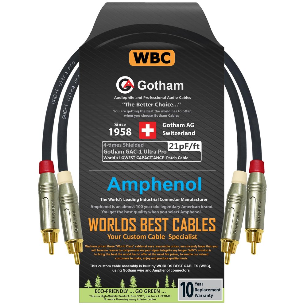 0.5 Foot RCA Cable Pair - Gotham GAC-1 Ultra Pro - Low-Cap (21pF/ft) Audio Interconnect Cable with Amphenol ACPR Die-Cast, Gold Plated RCA Connectors