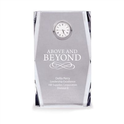 Baudville Engraved Clock Trophy - Large Clear Crystal with Silver Accents - Silver Inset Time Piece - Personalized Engraving Up to Three Lines and Pre-Written Verse Selection