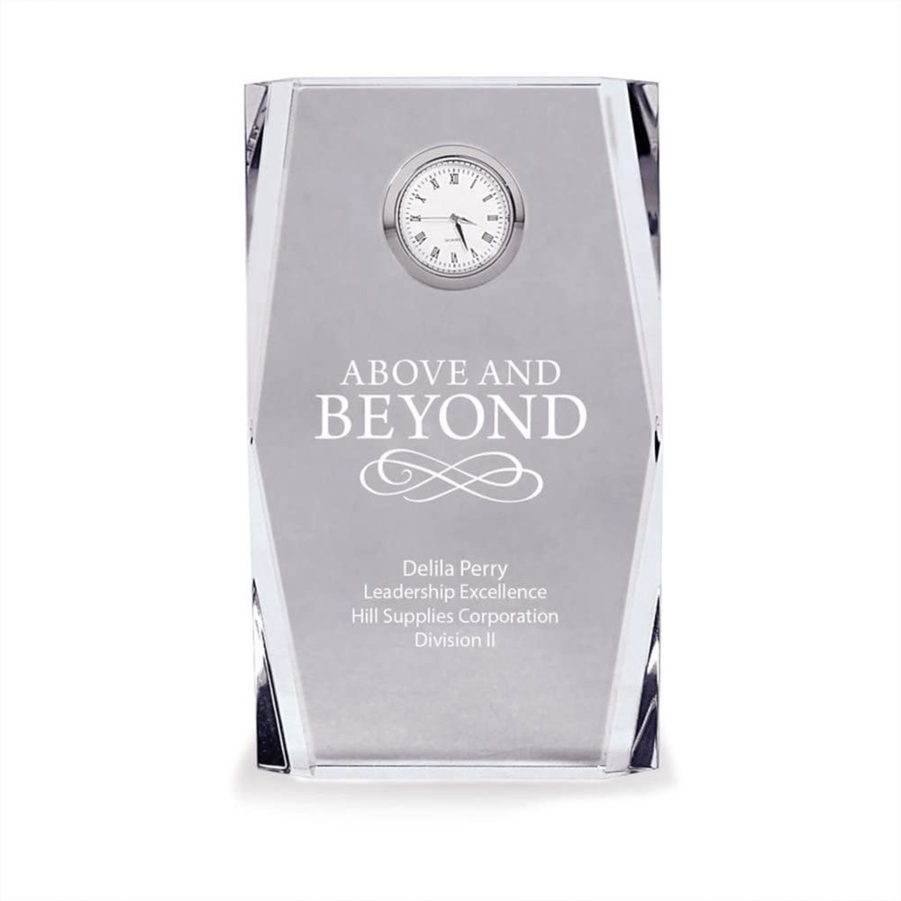 Baudville Engraved Clock Trophy - Large Clear Crystal with Silver Accents - Silver Inset Time Piece - Personalized Engraving Up to Three Lines and Pre-Written Verse Selection