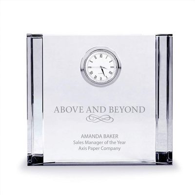 Baudville Engraved Clock Trophy - Clear Crystal with Silver Accents - Silver Inset Time Piece - Medium Sized - Personalized Engraving Up to Three Lines and Pre-Written Verse Selection