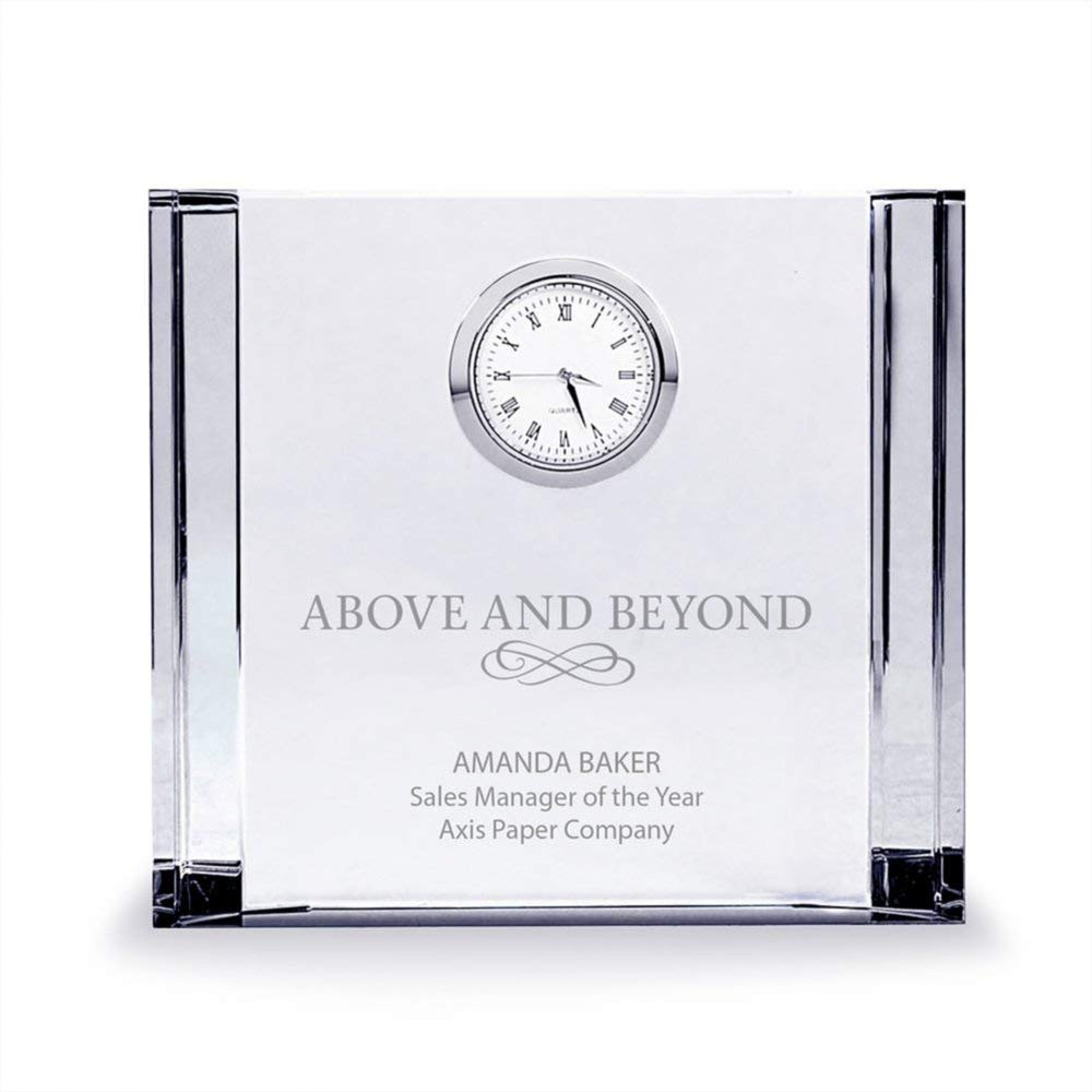 Baudville Engraved Clock Trophy - Clear Crystal with Silver Accents - Silver Inset Time Piece - Medium Sized - Personalized Engraving Up to Three Lines and Pre-Written Verse Selection