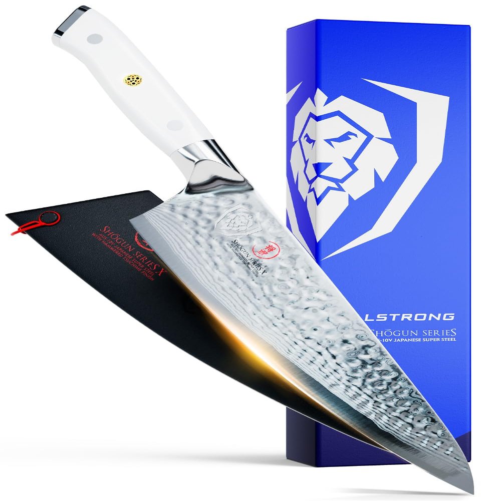 Dalstrong Chef Knife - 8 inch Blade - Shogun Series - Damascus - Japanese AUS-10V Super Steel Kitchen - Glacial White Handle ABS - Razor Sharp Chef's - Full Tang Cooking Knife - Sheath