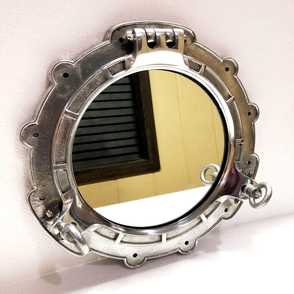 15" Nickel Plated Canal Boat Porthole-Window Ship Round Mirror Wall Decorative