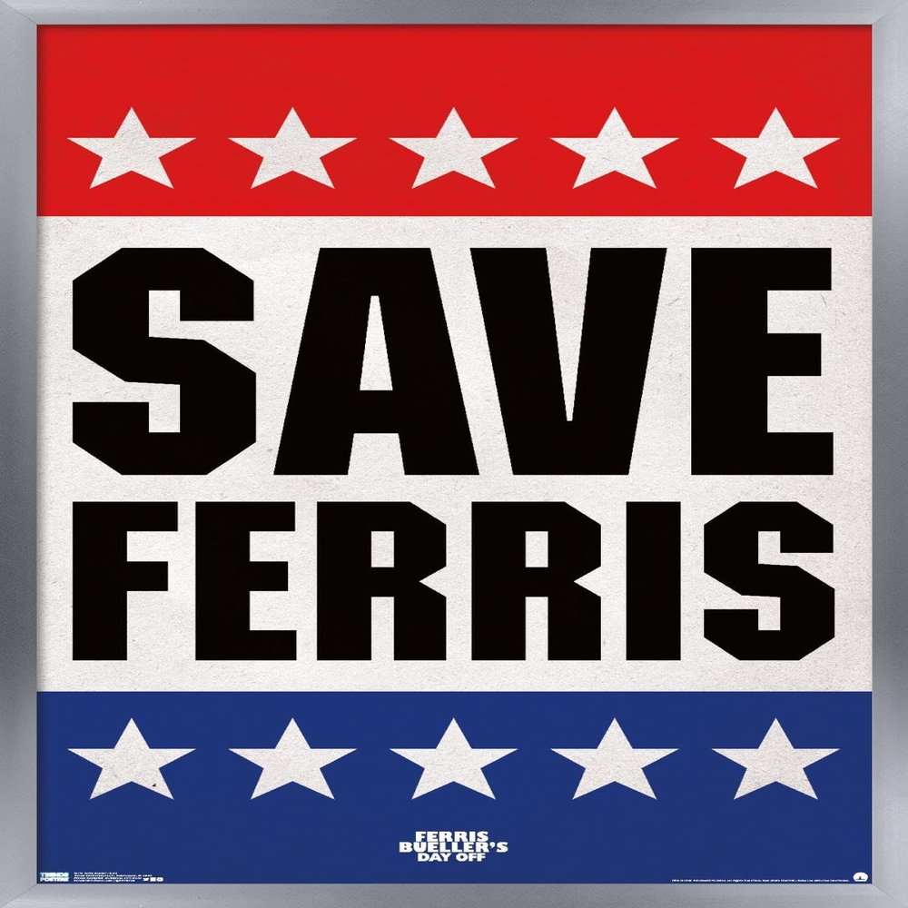 Trends International FERRIS BUELLER - SAVE Wall Poster, 14.725" x 22.375", Silver Framed Version