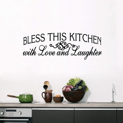 Bless This Kitchen Wall Decal - Love and Laughter Sticker - Multiple Size Options - Select Your Color (Black, 50" Wide x 16" Tall)