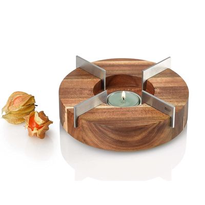 AdHoc Tuto Decorative Teapot and Food Warmer - Portable Warmer for Food & Drinks - Wood Warming Plate with Stainless Steel Plate - Warmer for Mid-Sized & Smaller-Sized Teapots