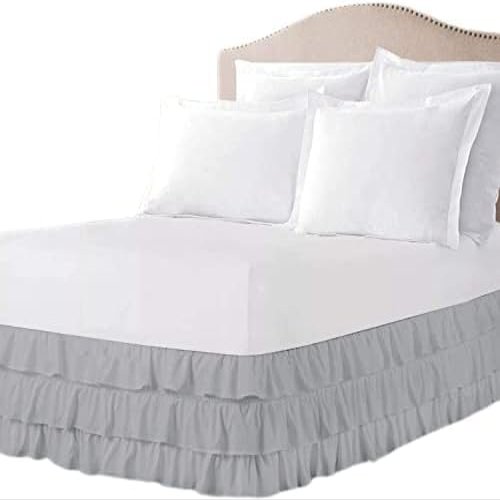 ARlinen Multi-Ruffle Bed Skirt -Full Light Grey Bedskirt- Unique Design- Three Ruffled Tier Layer-Waterfall Dust Ruffle bedskirt Split Corner with Platform Up to 10 Inch Deep Mattress.