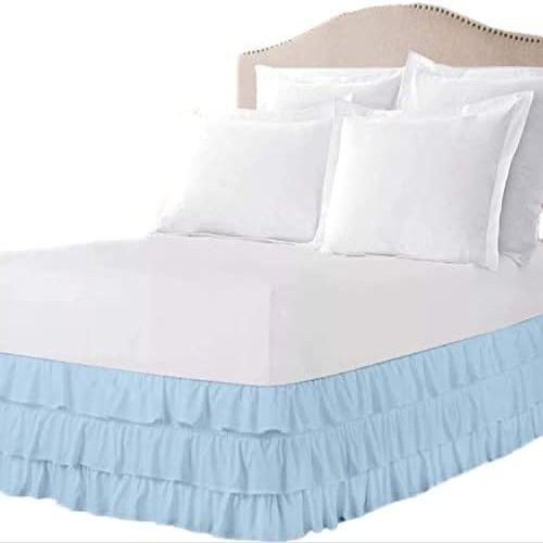ARlinen Multi-Ruffle Bed Skirt -King Light Blue Bedskirt- Unique Design- Three Ruffled Tier Layer-Waterfall Dust Ruffle bedskirt Split Corner with Platform Up to 21 Inch Deep Mattress.