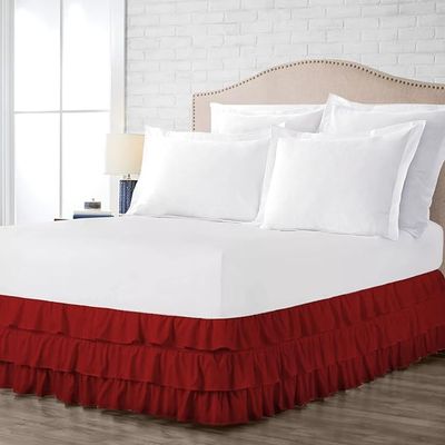 ARlinen Multi-Ruffle Bed Skirt -Full Burgundy Bedskirt- Unique Design- Three Ruffled Tier Layer-Waterfall Dust Ruffle bedskirt Split Corner with Platform Up to 21 Inch Deep Mattress.