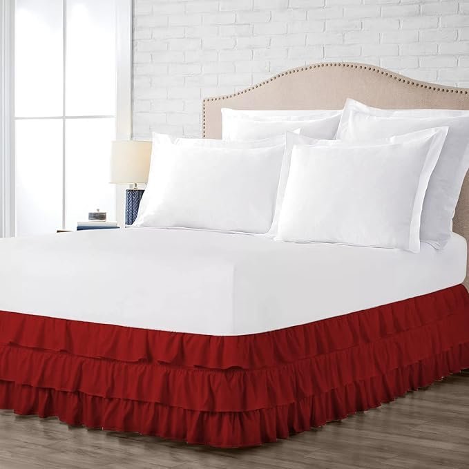 ARlinen Multi-Ruffle Bed Skirt -Full Burgundy Bedskirt- Unique Design- Three Ruffled Tier Layer-Waterfall Dust Ruffle bedskirt Split Corner with Platform Up to 21 Inch Deep Mattress.