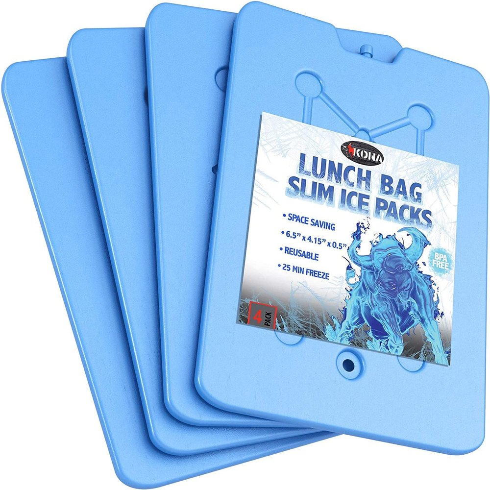 Kona 4 Pack Slim Ice Packs for Lunch Boxes & Coolers Reusable, Quick Freeze, Space Saving Freezer Packs Small Thin Cold Packs (Blue)