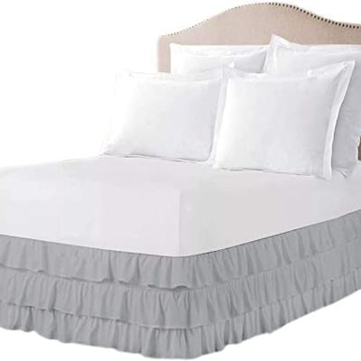 ARlinen Multi-Ruffle Bed Skirt -Cal-King Light Grey Bedskirt- Unique Design- Three Ruffled Tier Layer-Waterfall Dust Ruffle bedskirt Split Corner with Platform Up to 24 Inch Deep Mattress.