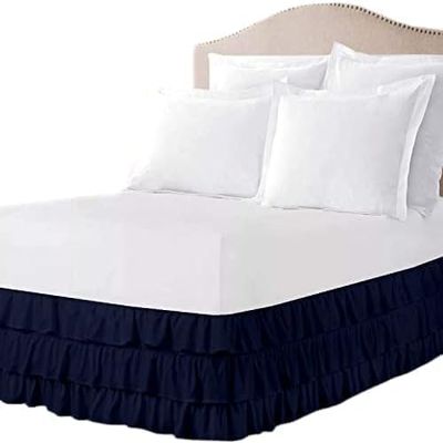 ARlinen Multi-Ruffle Bed Skirt -Full Navy Blue Bedskirt- Unique Design- Three Ruffled Tier Layer-Waterfall Dust Ruffle bedskirt Split Corner with Platform Up to 18 Inch Deep Mattress.