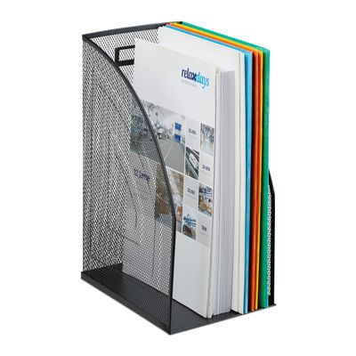 Relaxdays Mesh Magazine File Holder, A4 Metal Document Storage, Office Desk Organiser, Wide, HxWxD: 32x16x24.5 cm, Black, Steel, 1 Item