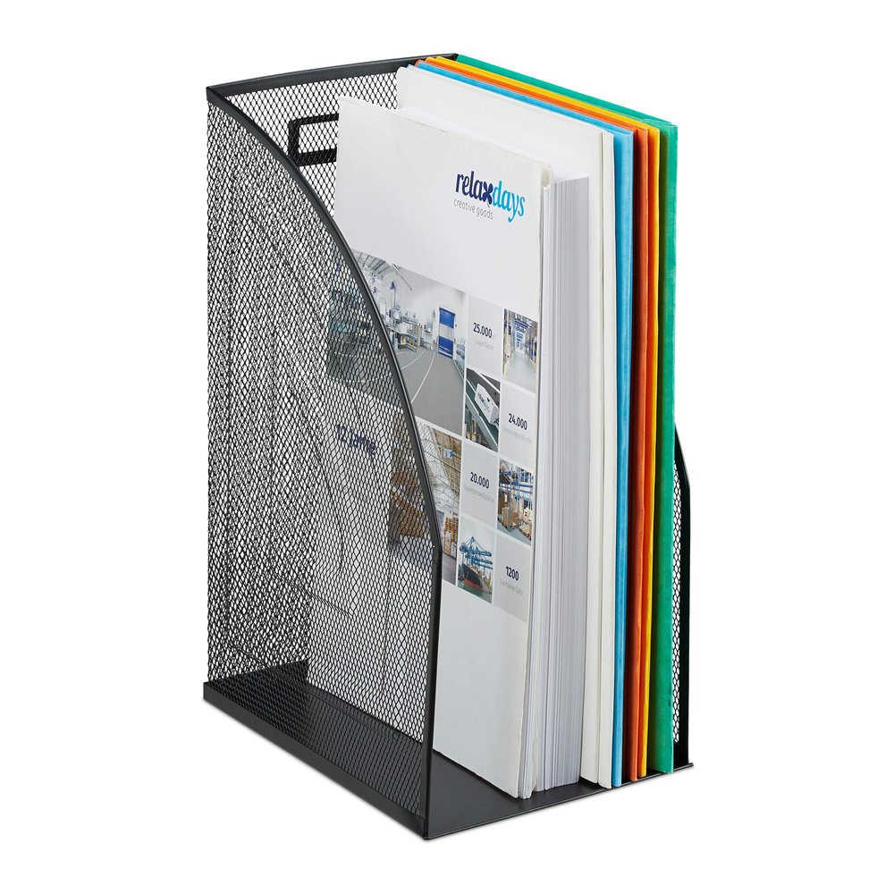 Relaxdays Mesh Magazine File Holder, A4 Metal Document Storage, Office Desk Organiser, Wide, HxWxD: 32x16x24.5 cm, Black, Steel, 1 Item