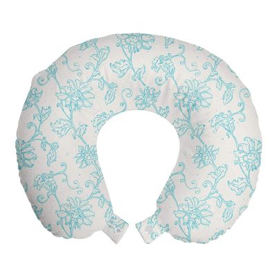 Ambesonne Botanical Travel Pillow Neck Rest, Detailed Intricate Floral Ornaments Romantic Pure Tones Illustration, Memory Foam Traveling Accessory for Airplane and Car, 12", Blue White