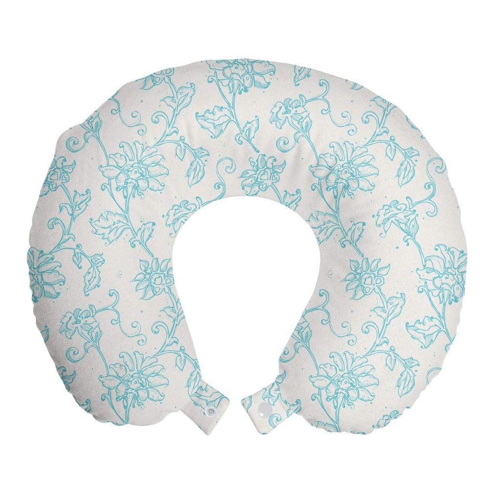 Ambesonne Botanical Travel Pillow Neck Rest, Detailed Intricate Floral Ornaments Romantic Pure Tones Illustration, Memory Foam Traveling Accessory for Airplane and Car, 12", Blue White