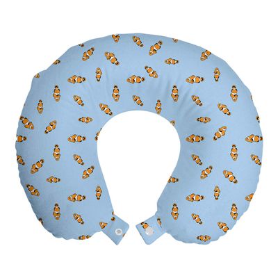 Ambesonne Cartoon Travel Pillow Neck Rest, Illustration of Clownfish Repetitive Simplistic Pattern Underwater, Memory Foam Traveling Accessory for Airplane and Car, 12", Pale Azure Blue Marigold