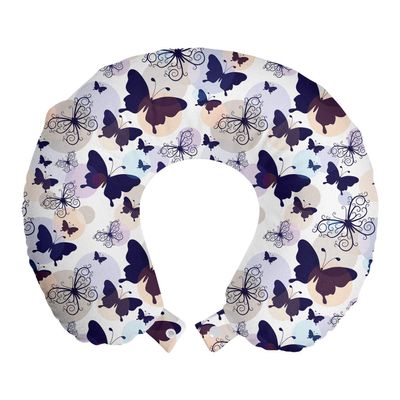 Ambesonne Butterfly Travel Pillow Neck Rest, Silhouettes and with Swirled Curly Wings on Pastel Color Blots, Memory Foam Traveling Accessory for Airplane and Car, 12", Purple Navy