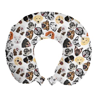 Ambesonne Dog Lover Travel Pillow Neck Rest, Illustrations of Types of Animal Pet Faces Patterns Creative Tongue Out Big Ears, Memory Foam Traveling Accessory for Airplane and Car, 12", Brown White