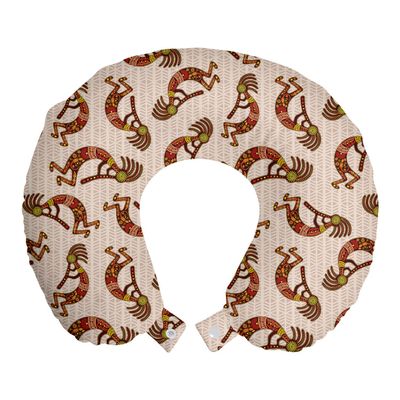 Ambesonne Ethnic Travel Pillow Neck Rest, Warm Colored Ethnic Art Characters on Herringbone Repetitive Background, Memory Foam Traveling Accessory for Airplane and Car, 12", Burgundy and Multicolor