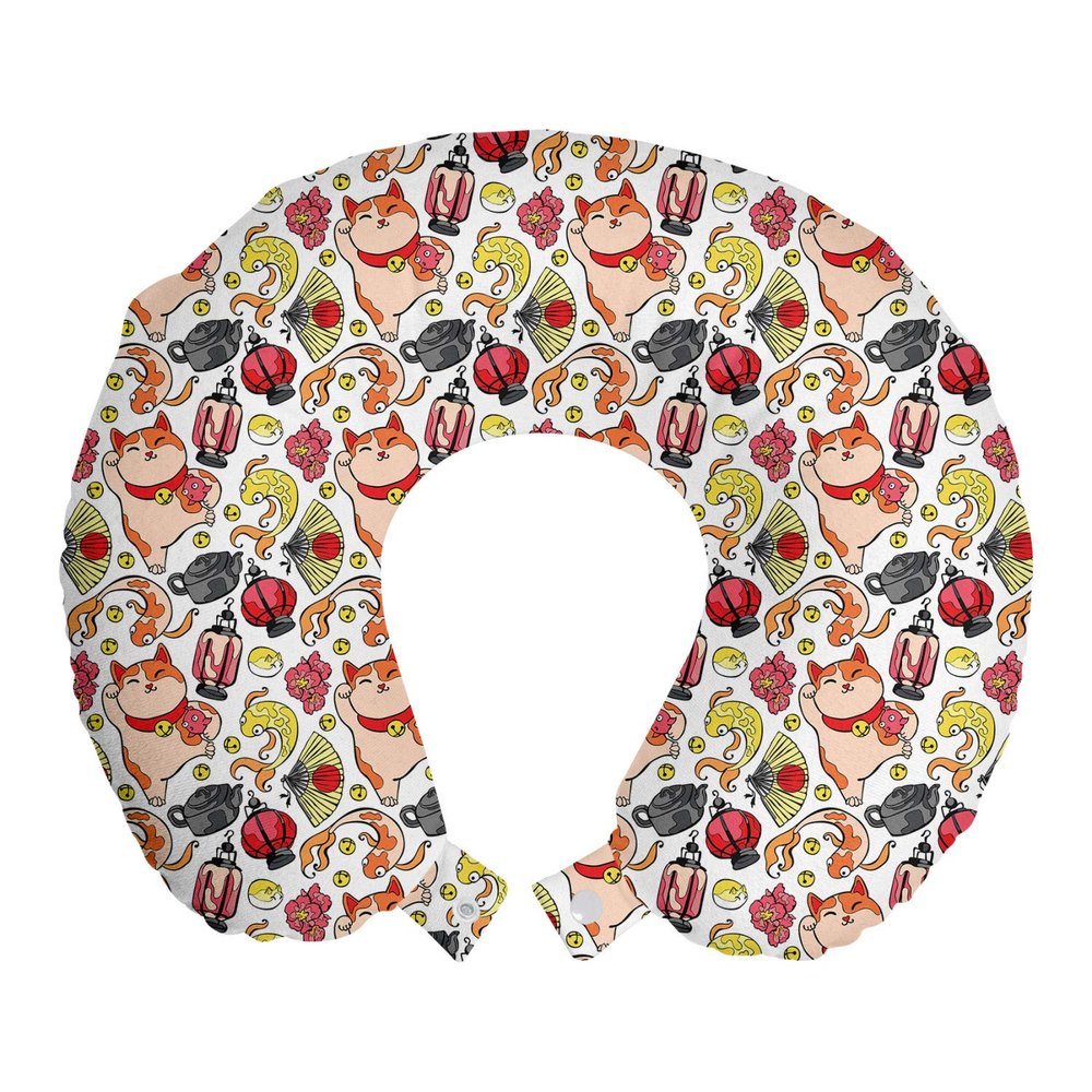Ambesonne Japanese Cat Travel Pillow Neck Rest, Lucky Cat Holding Koi Fish Paw Far East Illustration, Memory Foam Traveling Accessory for Airplane and Car, 12", Vermilion Champagne
