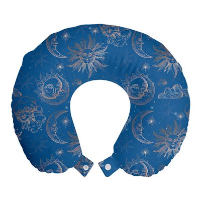 Ambesonne Magic Moon Travel Pillow Neck Rest, Celestial Sun and Moon Night Sky Classic Depiction Bohemian Look, Memory Foam Traveling Accessory for Airplane and Car, 12", Sea Blue and Warm Taupe
