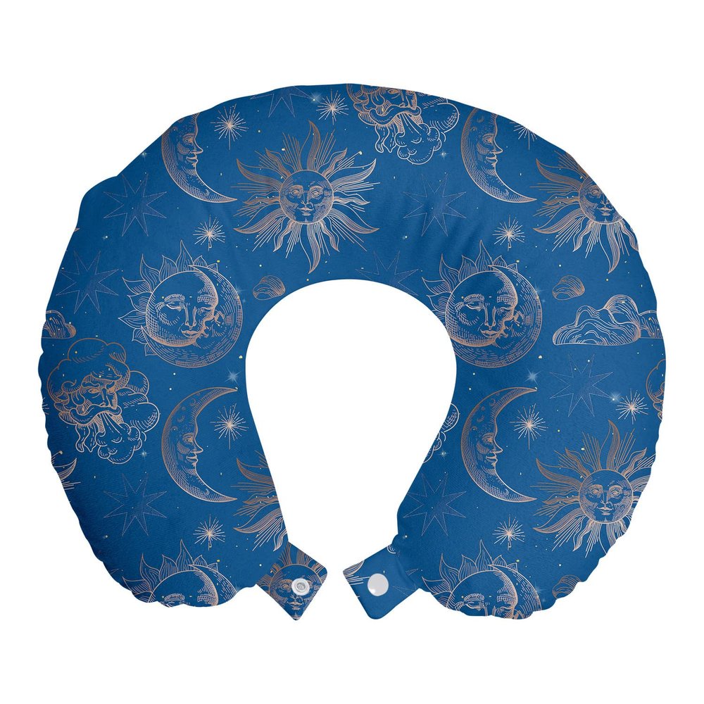 Ambesonne Magic Moon Travel Pillow Neck Rest, Celestial Sun and Moon Night Sky Classic Depiction Bohemian Look, Memory Foam Traveling Accessory for Airplane and Car, 12", Sea Blue and Warm Taupe