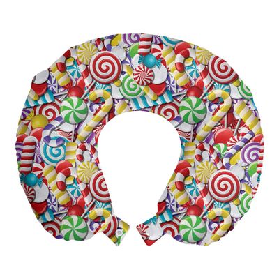 Ambesonne Candy Cane Travel Pillow Neck Rest, Bonbons Lollipops Sugary Treats Sweeties Colorful Pile for Occasions, Memory Foam Traveling Accessory for Airplane and Car, 12", Red Green
