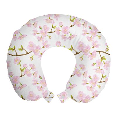 Ambesonne Plant Watercolor Travel Pillow Neck Rest, Blooming Cherry Japanese Sakura in Soft Rose, Memory Foam Traveling Accessory for Airplane and Car, 12", Pink Fawn