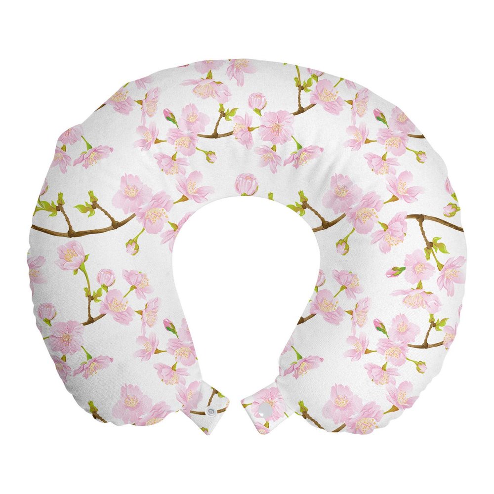 Ambesonne Plant Watercolor Travel Pillow Neck Rest, Blooming Cherry Japanese Sakura in Soft Rose, Memory Foam Traveling Accessory for Airplane and Car, 12", Pink Fawn