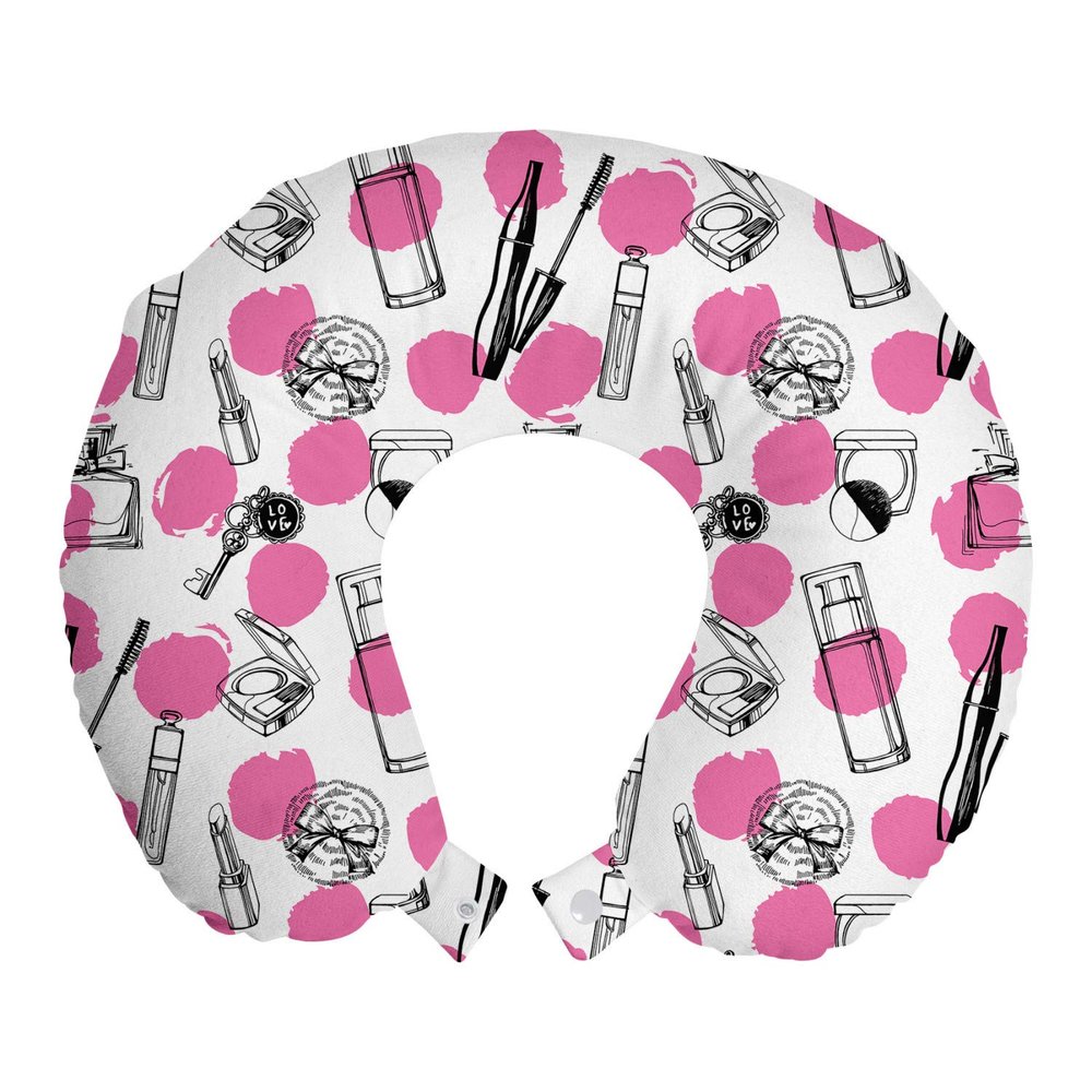 Ambesonne Feminine Travel Pillow Neck Rest, Repetitive Perfume Lipstick Makeup Care Items with Sketchy Dots Print, Memory Foam Traveling Accessory for Airplane and Car, 12", Pink Charcoal