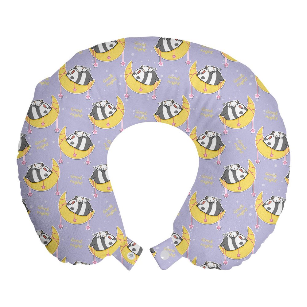 Ambesonne Saying Travel Pillow Neck Rest, Lazy Cat and Panda Sleeping on The Moon with Stars, Memory Foam Traveling Accessory for Airplane and Car, 12", Mustard Purple