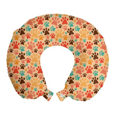 Ambesonne Dog Lover Travel Pillow Neck Rest, Colorful Paw Print Pattern with Various Sizes Abstract Animal Canine and Feline, Memory Foam Traveling Accessory for Airplane and Car, 12", Coffee Brown