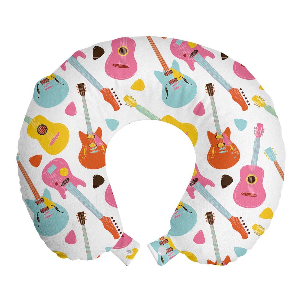 Ambesonne Guitar Travel Pillow Neck Rest, Entertainment Equipment Concept Summer Festival Pattern with Colorful Instruments, Memory Foam Traveling Accessory for Airplane and Car, 12", Pink Teal