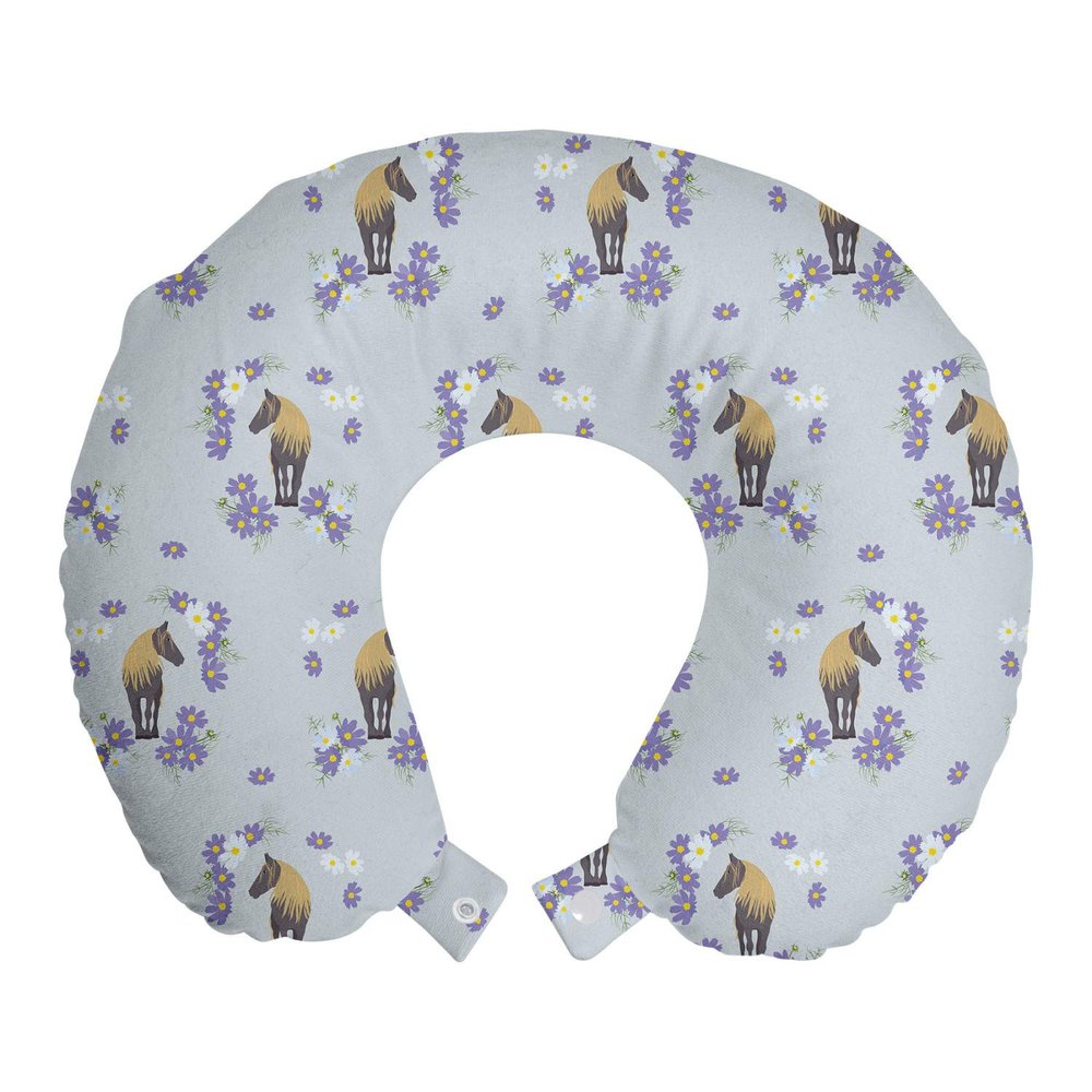 Ambesonne Horse Travel Pillow Neck Rest, Animal Pattern Surrounded by Flower Details, Memory Foam Traveling Accessory for Airplane and Car, 12", Lavender Blue Tan